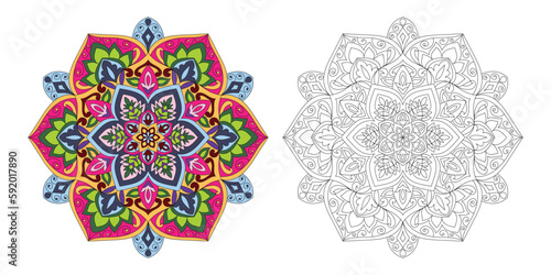 Decorative rounded mandala coloring book page illustration 