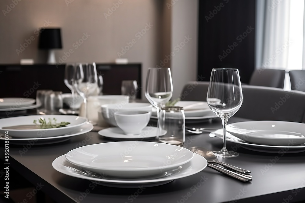  a table set with white plates and silverware and wine glasses and place settings for four to four people to share a meal or a meal.  generative ai