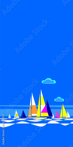 blue sky and water, white waves and colorful yachts on the water