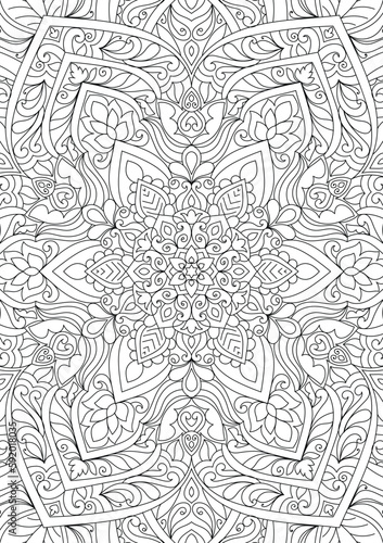 Decorative ornamental hand drawn detailed mandala design coloring page illustration