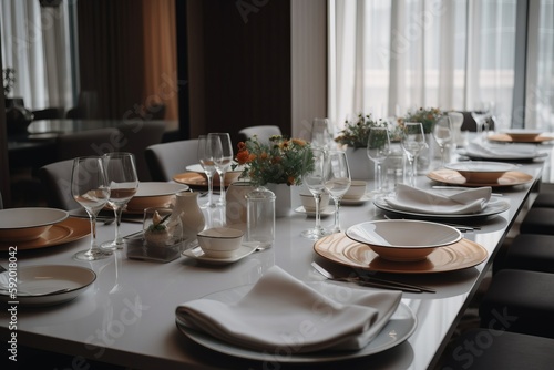  a table set with plates, glasses, and wine glasses for a formal dinner or dinner party with a view of the city outside the window. generative ai