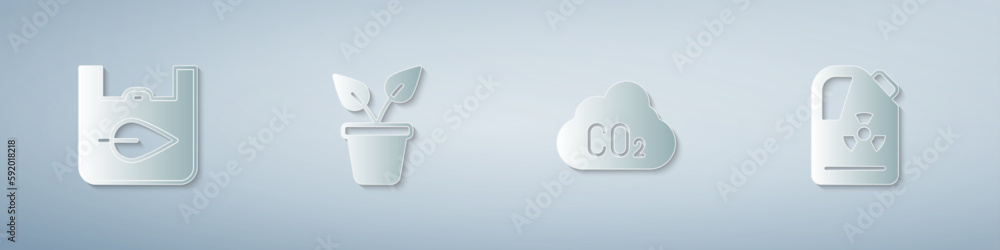 Set Shopping bag with recycle, Plant pot, CO2 emissions cloud and Radioactive waste barrel. Paper art style. Vector Set Shopping bag with recycle, Plant pot, CO2 emissions cloud and Radioactive waste barrel. Paper art style. Vector
