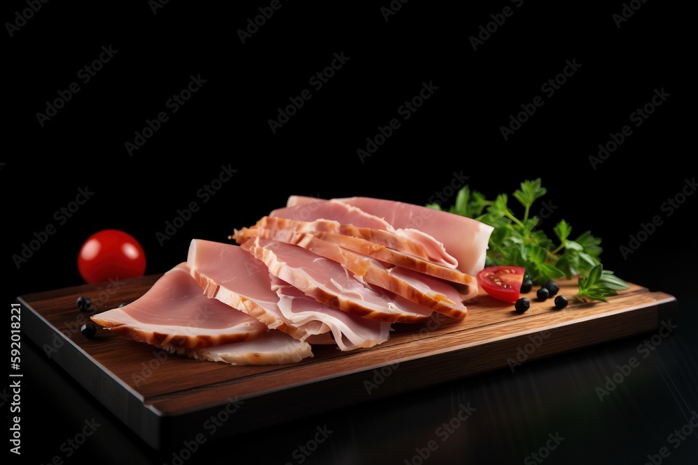a wooden cutting board topped with sliced ham and vegetables next to a tomato and pepper shaker on a black surface with a black background. generative ai a wooden cutting board topped with sliced ham and vegetables next to a tomato and pepper shaker on a black surface with a black background. generative ai