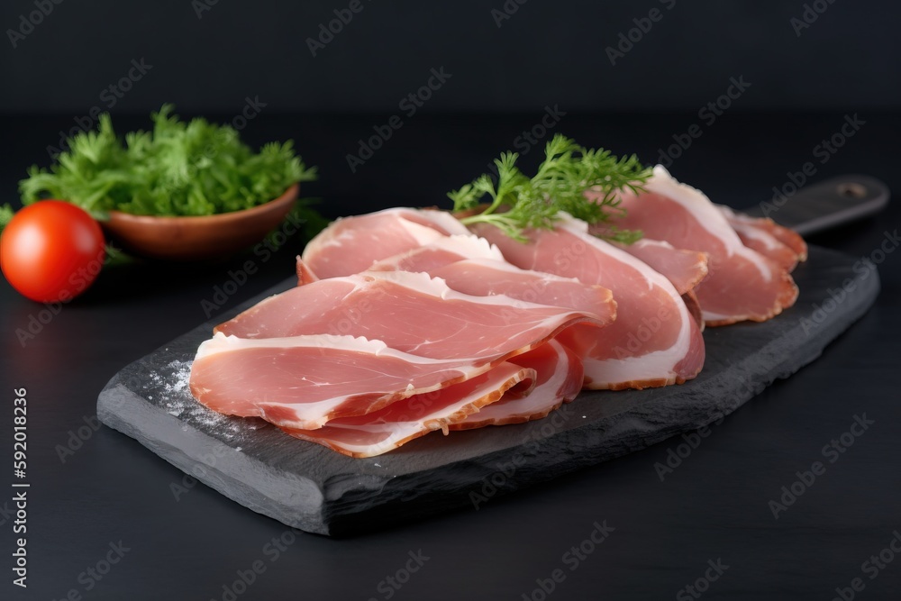 a cutting board topped with slices of ham next to a bowl of tomatoes and lettuce next to a knife and a tomato on a black surface. generative ai a cutting board topped with slices of ham next to a bowl of tomatoes and lettuce next to a knife and a tomato on a black surface. generative ai