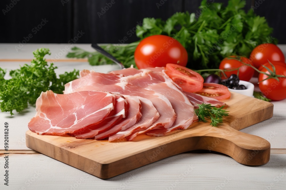  a wooden cutting board topped with sliced meat next to tomatoes and parsley on a white tablecloth with tomatoes and parsley on the side.  generative ai