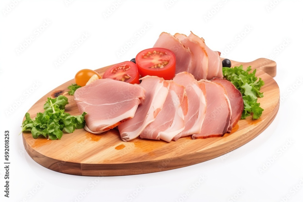  a wooden cutting board topped with sliced ham and tomatoes on top of lettuce and tomatoes on the side of the cutting board, with tomatoes and tomatoes on the side.  generative ai
