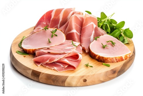  a cutting board topped with sliced meats and greens on top of it on a white surface with a wooden board with a piece of meat on it.  generative ai
