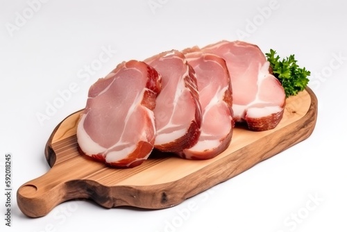  a wooden cutting board topped with slices of ham on top of a white surface with parsley on top of it and a piece of meat on the side.  generative ai