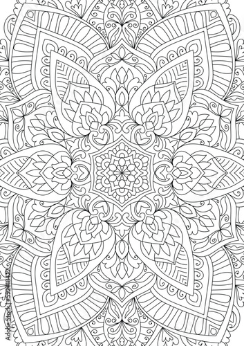 Decorative ornamental hand drawn detailed mandala design coloring page illustration