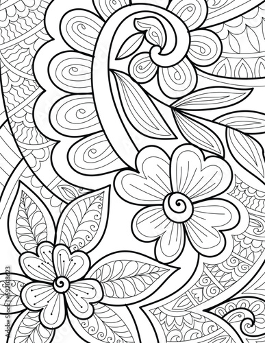 Floral decorative mehndi design style detailed coloring book page illustration