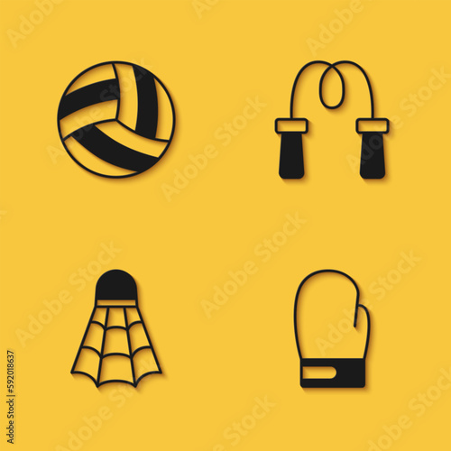 Set Volleyball ball, Boxing glove, Badminton shuttlecock and Jump rope icon with long shadow. Vector
