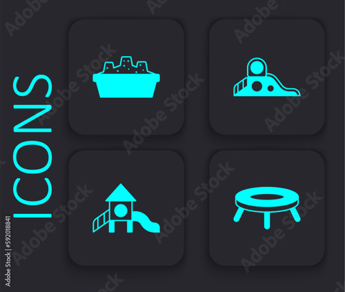 Set Jumping trampoline, Sandbox with sand, Slide playground and icon. Black square button. Vector