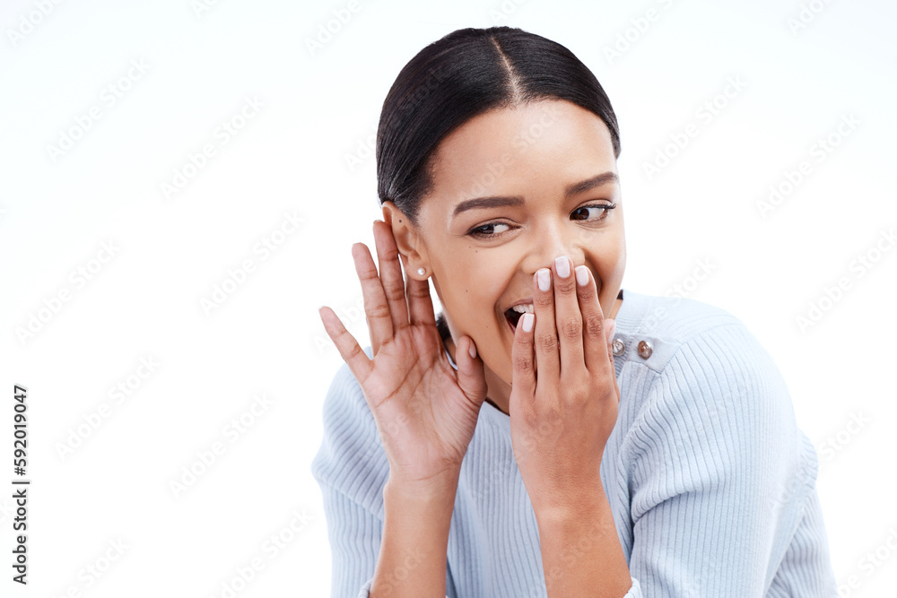 Laughing, woman and listening in studio for gossip, secret or mockup on isolated white background. Rumor, news and girl with hand emoji for privacy, whispering and silent, mystery and sharing story