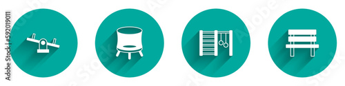 Set Seesaw, Jumping trampoline, Swedish wall and Bench icon with long shadow. Vector