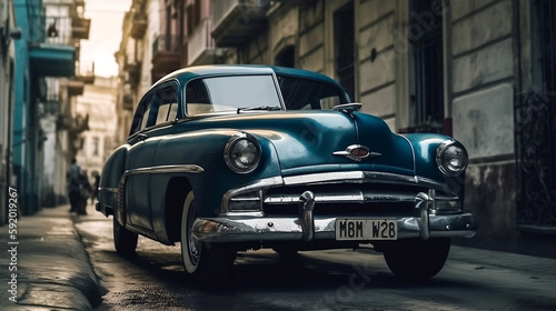 Vintage classic american car in Havana, Cuba. Blue car in a street, travel concept, Generative Ai © oldwar