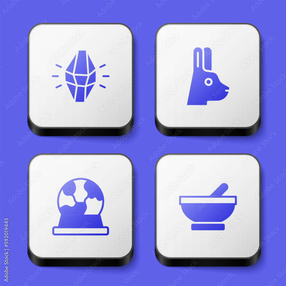 Set Magic stone, Rabbit with ears, ball and Witch cauldron icon. White square button. Vector