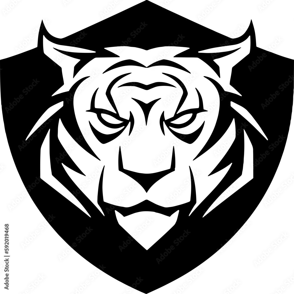 Tiger Shield: Black and White Bold Logo Design Featuring a Fierce Tiger Emblem Tiger Shield: Black and White Bold Logo Design Featuring a Fierce Tiger Emblem