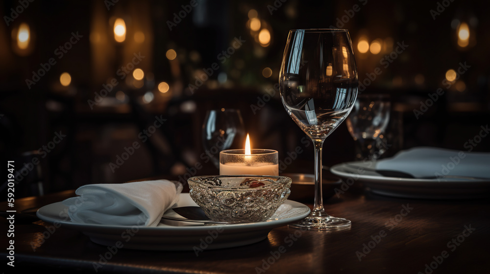 Romantic dinner place setting with plates and cutlery on table. Generative AI Romantic dinner place setting with plates and cutlery on table. Generative AI