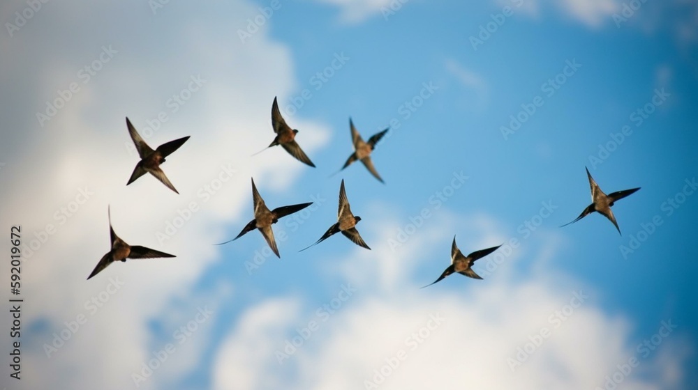 A group of swallows darting through a blue summer sky Generative AI A group of swallows darting through a blue summer sky Generative AI