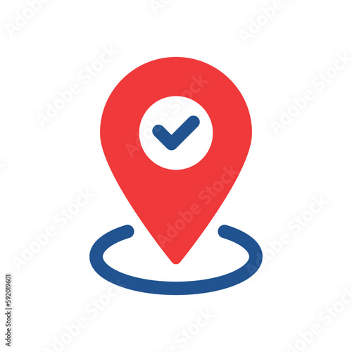 tick inside red pinpoint like right location place. flat simple trend modern logotype graphic abstract web design isolated on white. concept of mobile app popup element or easy show geolocation