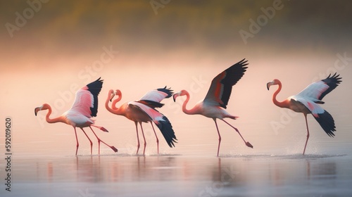 A group of elegant flamingos gracefully flying over a serene lake Generative AI