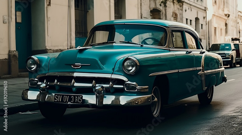 Vintage classic american car in Havana, Cuba. Blue car in a street, travel concept, Generative Ai photo