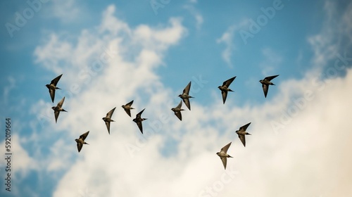 A group of swallows darting through a blue summer sky Generative AI