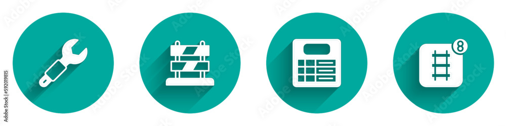 Set Wrench spanner, End of railway tracks, Train station board and Online ticket booking icon with long shadow. Vector Set Wrench spanner, End of railway tracks, Train station board and Online ticket booking icon with long shadow. Vector