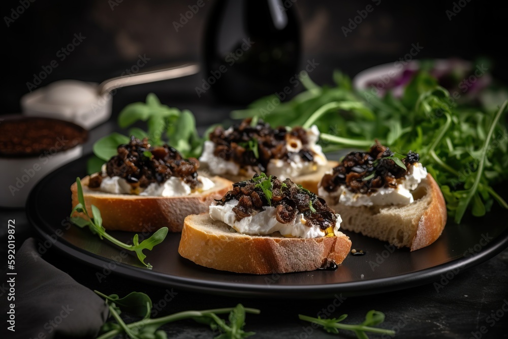a black plate topped with bread covered in toppings and a green leafy salad next to a bottle of wine and a glass of wine. generative ai a black plate topped with bread covered in toppings and a green leafy salad next to a bottle of wine and a glass of wine. generative ai
