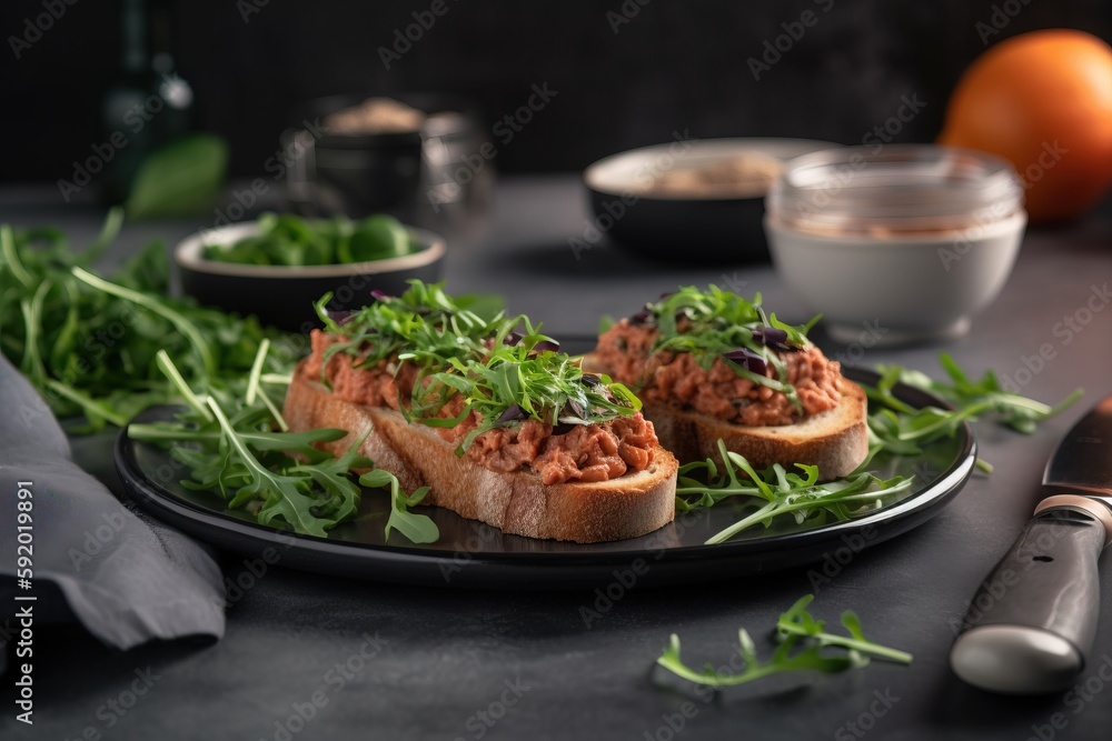 a black plate topped with two pieces of bread covered in meat and veggies next to a knife and bowl of sauce on a table. generative ai a black plate topped with two pieces of bread covered in meat and veggies next to a knife and bowl of sauce on a table. generative ai