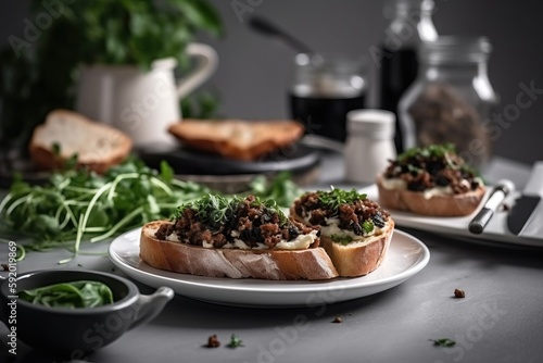  a plate of food on a table next to a cup of coffee and a plate of bread with meat and greens on top of it. generative ai