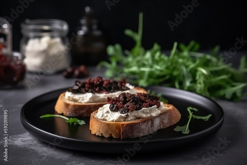  a black plate topped with two pieces of bread covered in cream and cranberry sauce and garnished with green leaves and a sprig of parsley.  generative ai