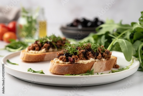  a white plate topped with two pieces of bread covered in meat and veggies next to a pile of greens and olives on a white table. generative ai