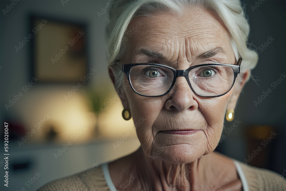 European grandmother on the background of a modern interior looks at the camera and smiles. Place for copy space or paste text. Generative AI. European grandmother on the background of a modern interior looks at the camera and smiles. Place for copy space or paste text. Generative AI.