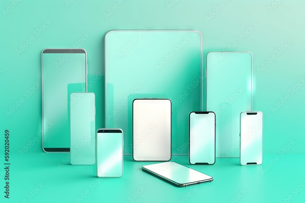 a group of electronic devices sitting on top of a green table next to each other on a blue surface with a green wall in the background. generative ai a group of electronic devices sitting on top of a green table next to each other on a blue surface with a green wall in the background. generative ai