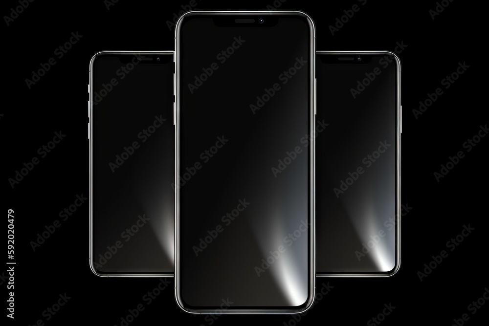 three iphones with a black background and one with a black back and one with a black back and one with a black back and white back. generative ai three iphones with a black background and one with a black back and one with a black back and one with a black back and white back. generative ai