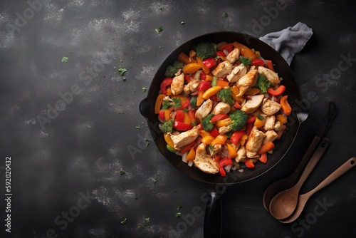  a pan filled with chicken and vegetables next to a wooden spoon and a spoon rest on the side of the pan on a black surface.  generative ai
