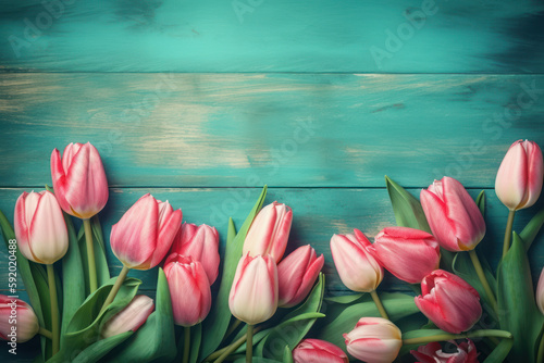 Spring tulip border on vintage blue background