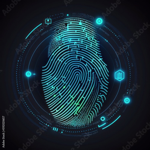 Fingerprint scanning, biometric authentication, cybersecurity and fingerprint password, future technology and cybernetic. E - kyc( electronic know your customer) , Generative AI