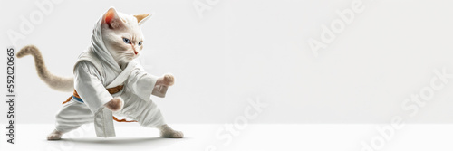 Karate cat. The cat is wearing a kimono. Stands in a fighting pose on a white background. Conceptual banner with animals doing sports. copy space. Generative AI.