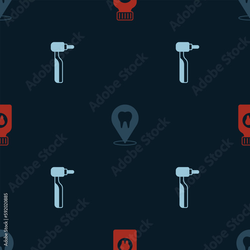 Set Toothache painkiller tablet, Dental clinic location and drill on seamless pattern. Vector