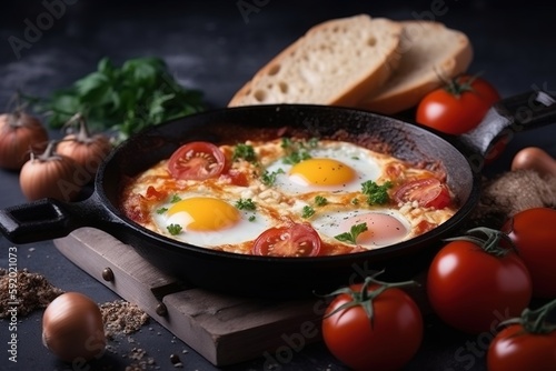  a skillet with eggs and tomatoes on a cutting board with bread and tomatoes on the side of the skillet and tomatoes and garlic on the side.  generative ai