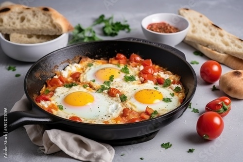  a skillet with eggs and tomatoes on a table with bread, tomatoes, and bread slices on the side of the skillet, and a bowl of bread and a napkin. generative ai
