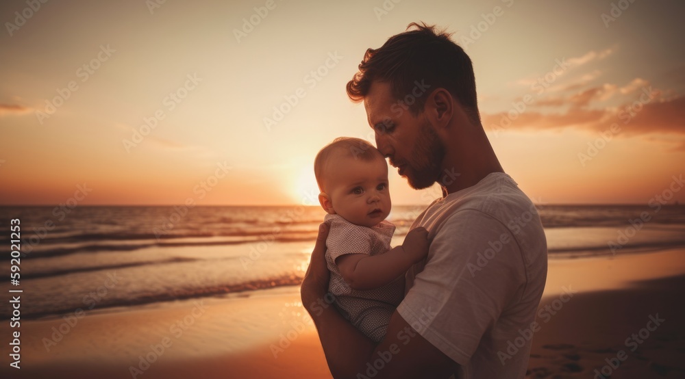father and son to the sea at sunset,Father's day.generative ai