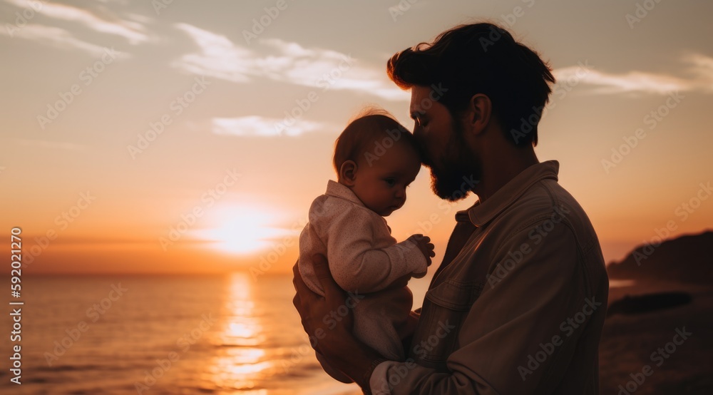 father and son to the sea at sunset,Father's day.generative ai