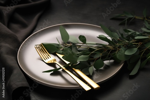  a white plate topped with a fork and a green leafy plant next to a knife and fork on top of a white plate next to a black cloth. generative ai