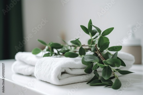  a stack of folded towels sitting on top of a white counter top next to a plant on top of a counter top next to a bottle of lotion. generative ai