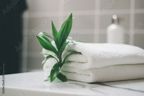  a stack of white towels sitting on top of a bathroom counter next to a bottle of water and a towel rack with a green leaf on it. generative ai