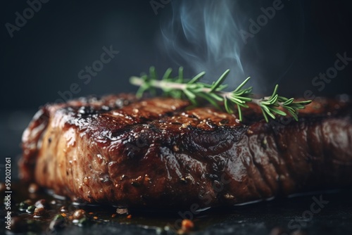  a piece of steak with a sprig of rosemary on top of it, on a black surface with smoke coming out of it. generative ai