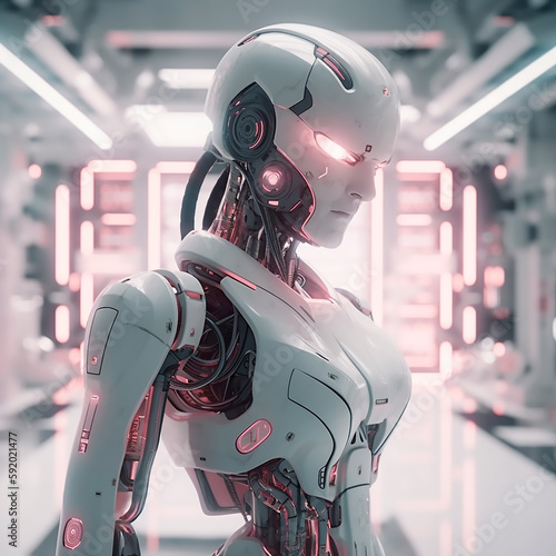 Technological human robot in white with pink, generated with AI generative technology. photo